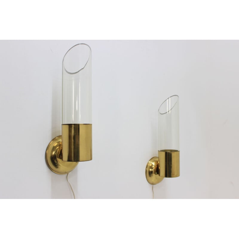 Vintage chandelier and pair wall lamp of sconces in patinated brass by Kamenický Šenov, 1960