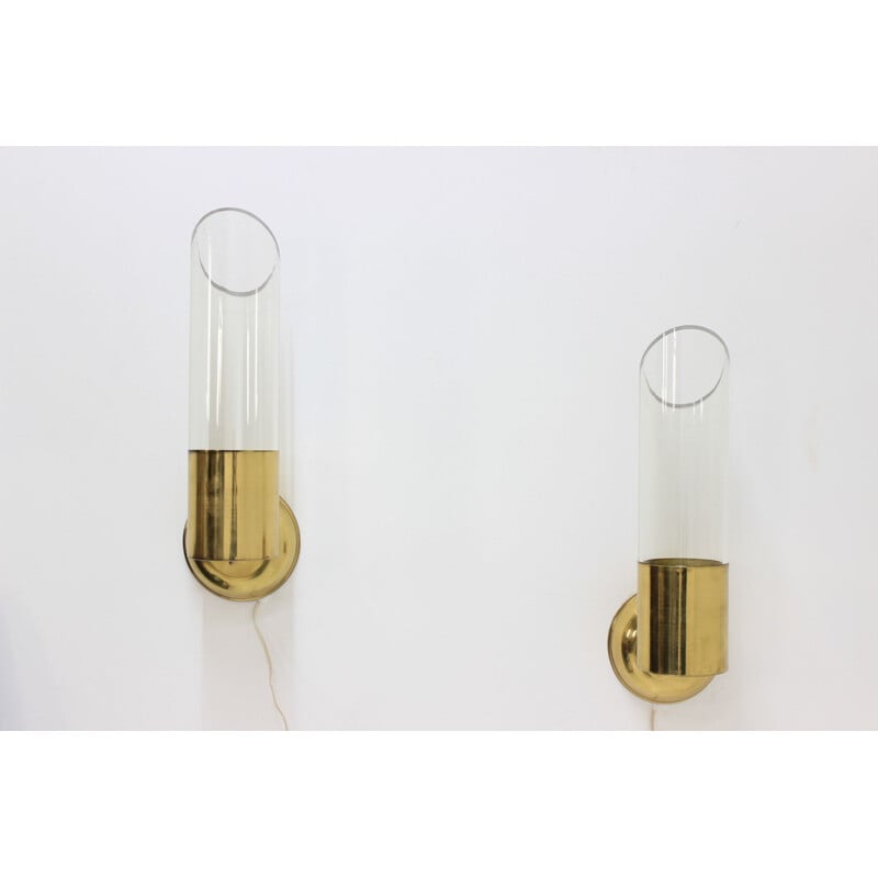 Vintage chandelier and pair wall lamp of sconces in patinated brass by Kamenický Šenov, 1960