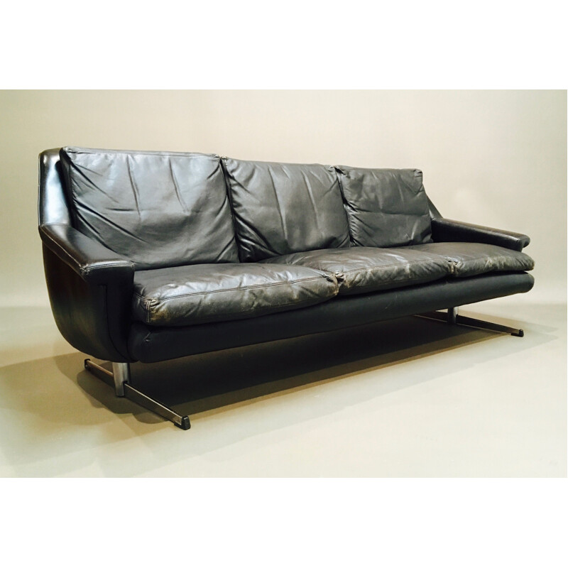 Vintage 3-seater sofa in black leather