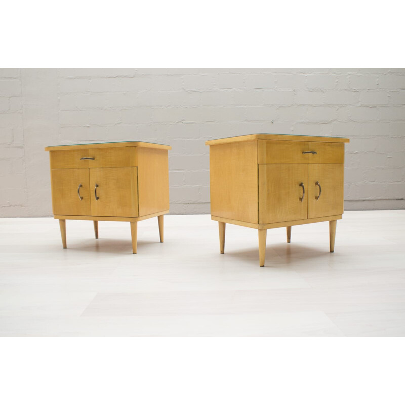 Pair of vintage bedside tables in wood and glass
