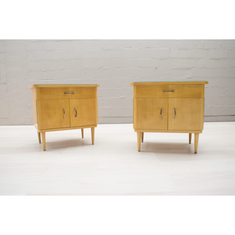 Pair of vintage bedside tables in wood and glass