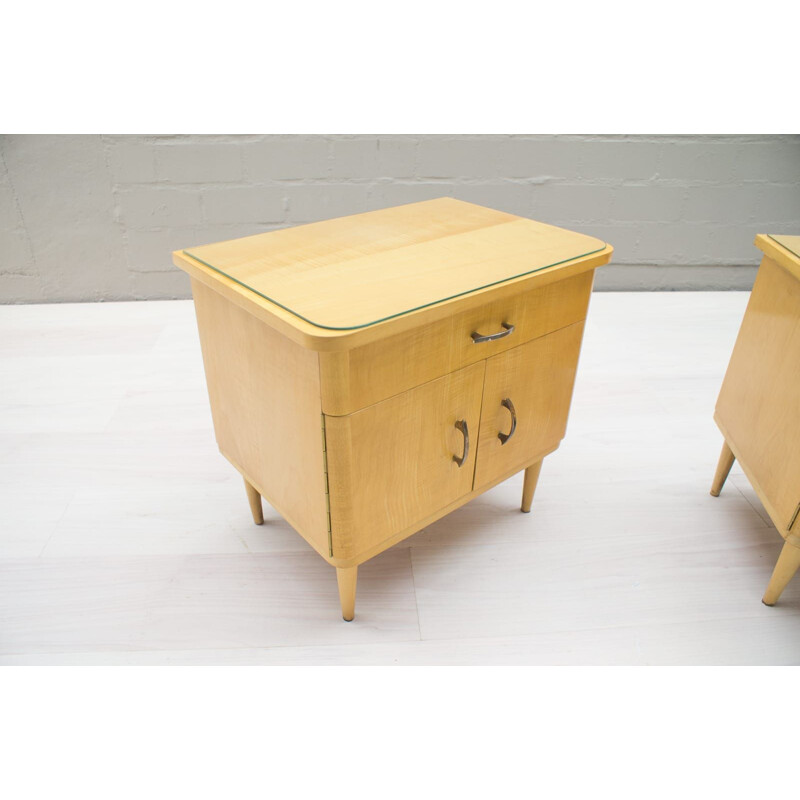 Pair of vintage bedside tables in wood and glass