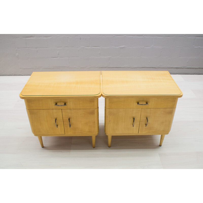 Pair of vintage bedside tables in wood and glass
