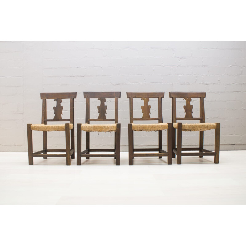 Ensemble de 4 chaises vintage en bois et rotin