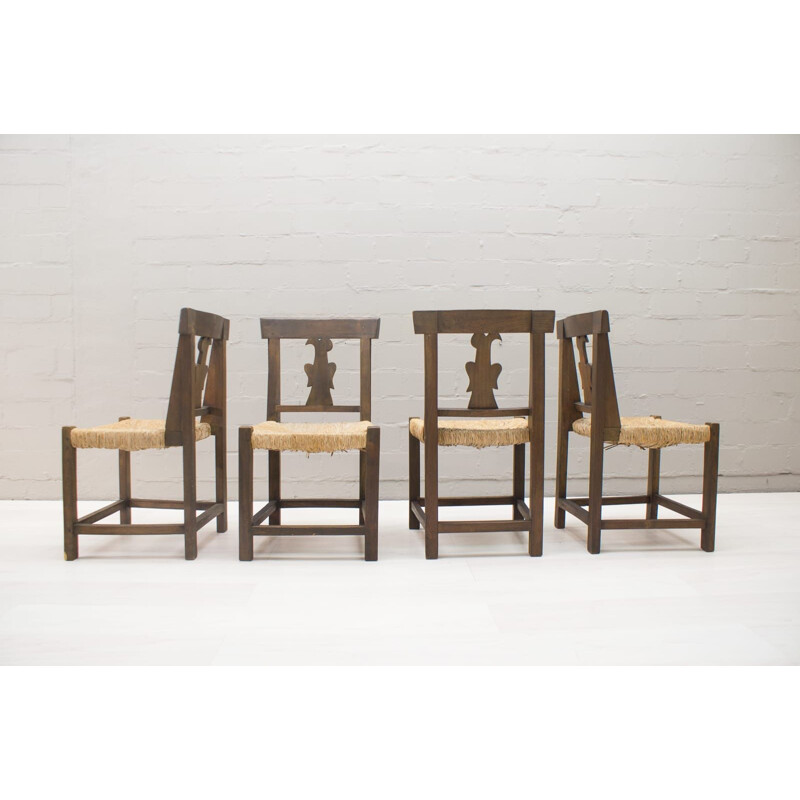 Set of 4 vintage wood and rattan chairs