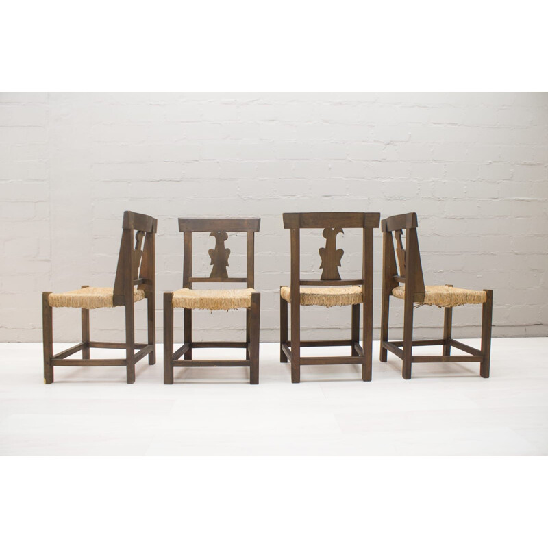 Set van 4 vintage houten en rotan stoelen