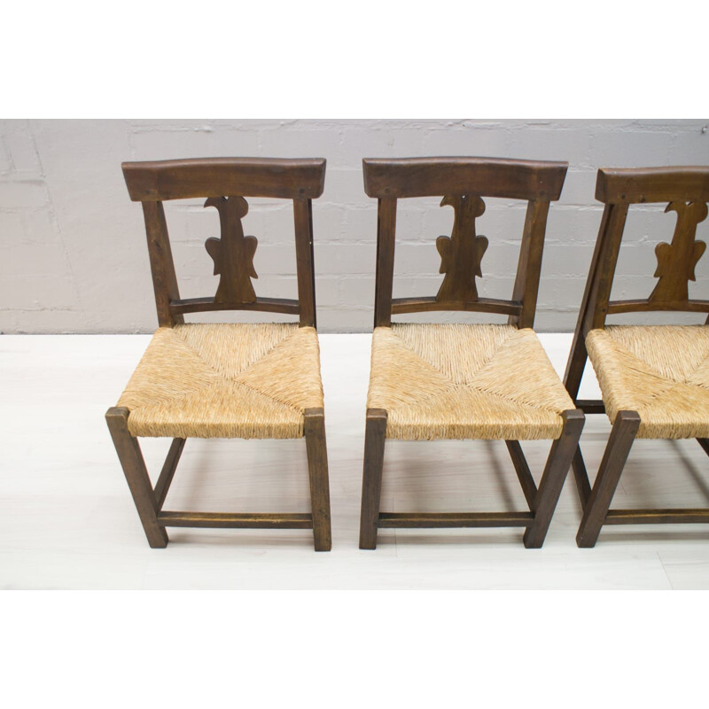 Set of 4 vintage wood and rattan chairs