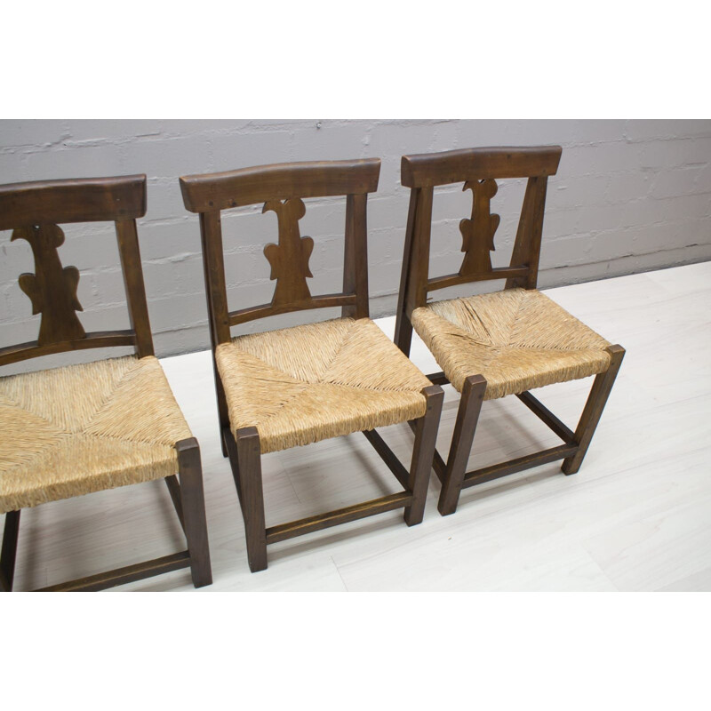 Set di 4 sedie vintage in legno e rattan
