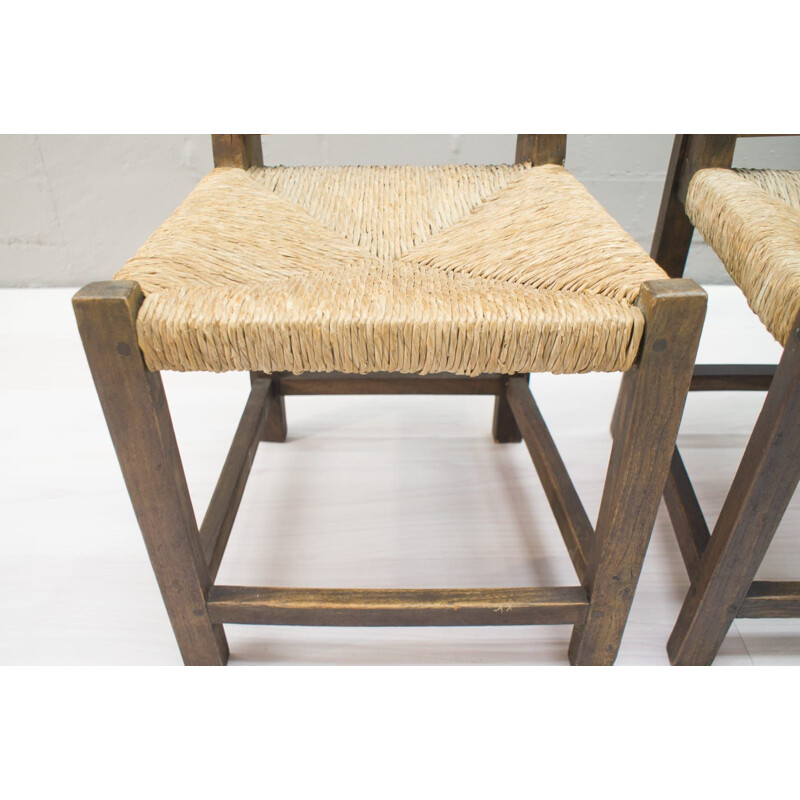 Conjunto de 4 cadeiras de madeira vintage e de rotim