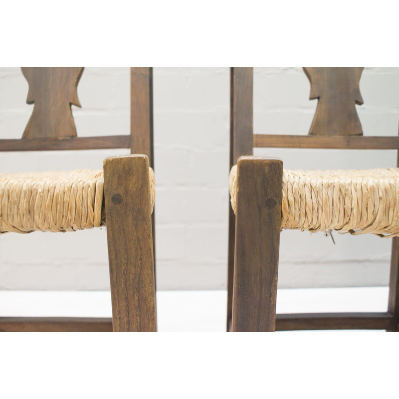 Conjunto de 4 cadeiras de madeira vintage e de rotim