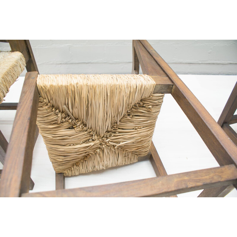 Set of 4 vintage wood and rattan chairs