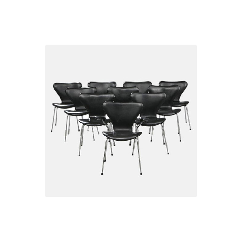 Set of 10 Seven chairs in steel and leather, Arne JACOBSEN, Fritz Hansen edition - 1981