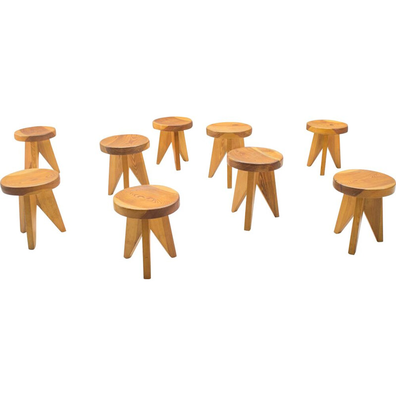 Set of 9 vintage 3 legged wooden stools from 1960s