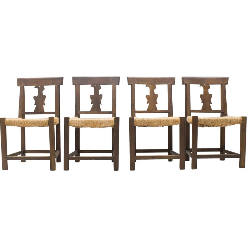 Juego de 4 sillas vintage de madera y ratán