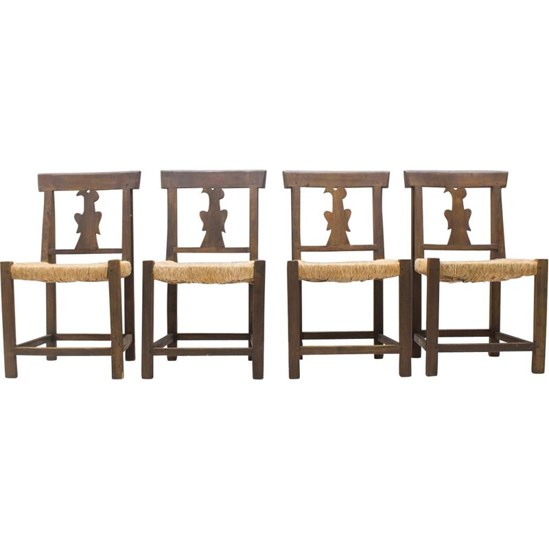 Set van 4 vintage houten en rotan stoelen