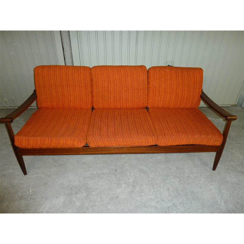 Scandinavian 3-seater sofa in rosewood and fabric - 1960s