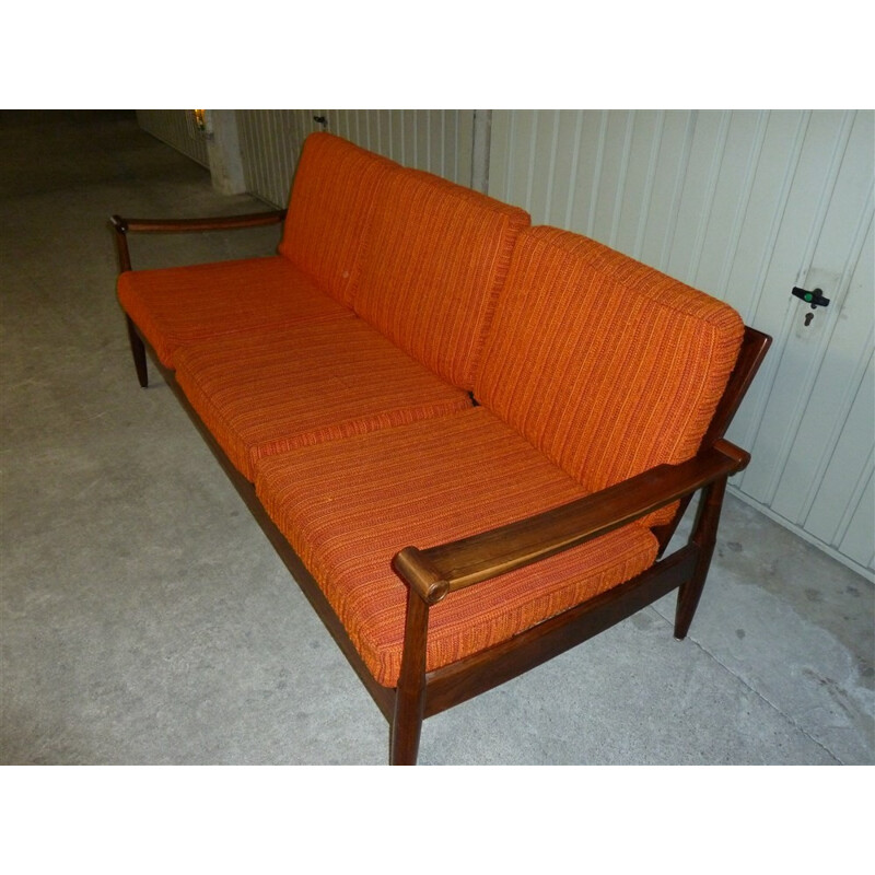 Scandinavian 3-seater sofa in rosewood and fabric - 1960s