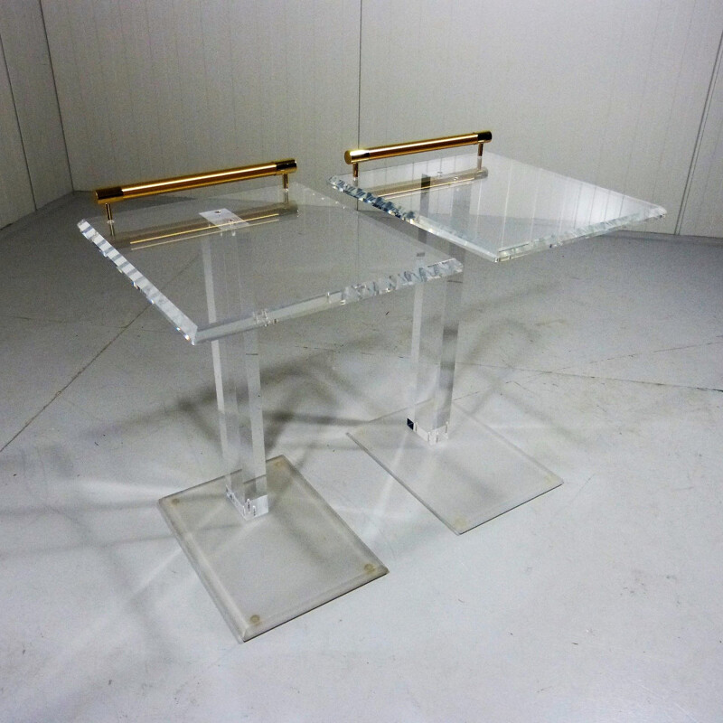 Set of 2 side tables in plexiglas and brass