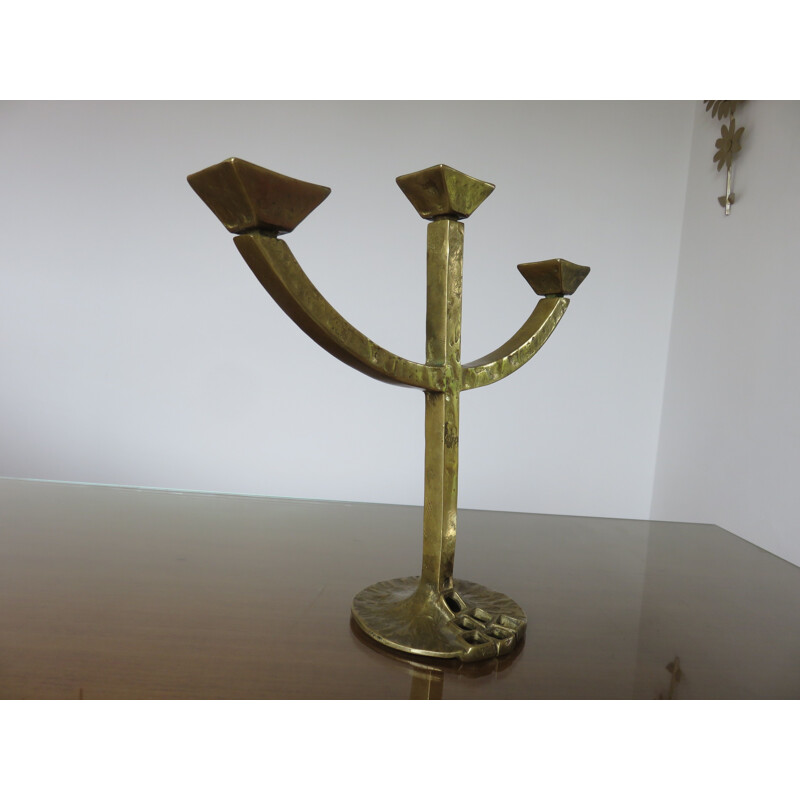 Brutalist candlestick in gilt bronze