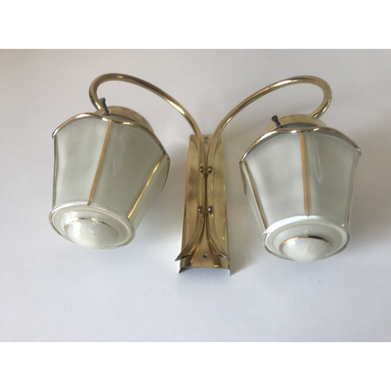 Wandlamp met 2 vintage messing lantaarns, Frankrijk 1960