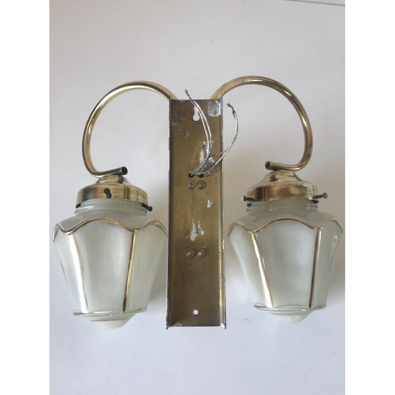 Wall lamp with 2 vintage brass lanterns, France 1960