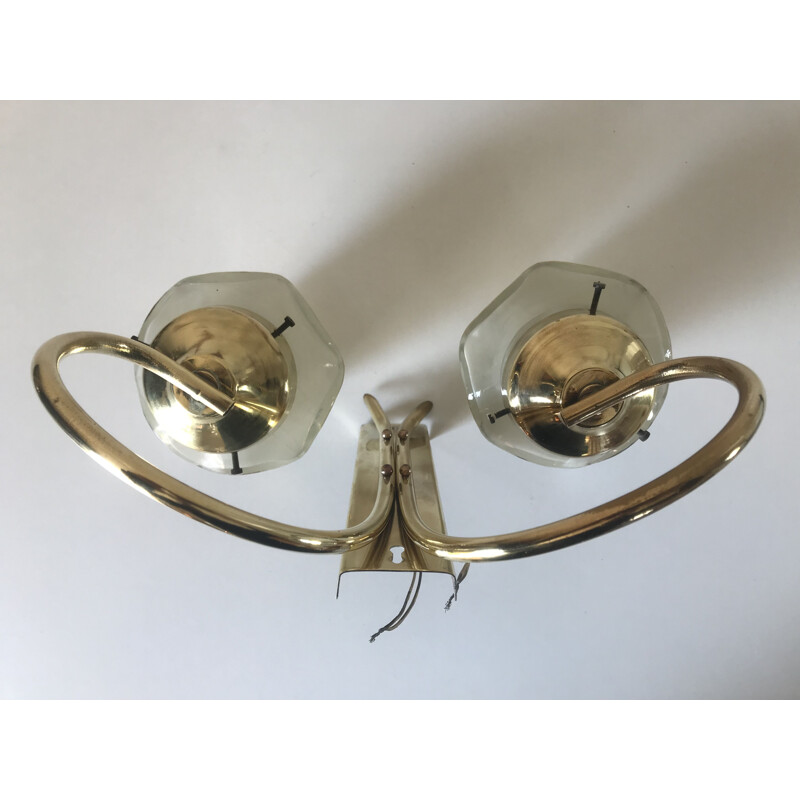 Wall lamp with 2 vintage brass lanterns, France 1960