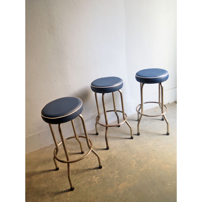 Set of 3 vintage blue bar stools in metal and leatherette