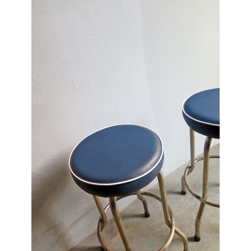 Set of 3 vintage blue bar stools in metal and leatherette