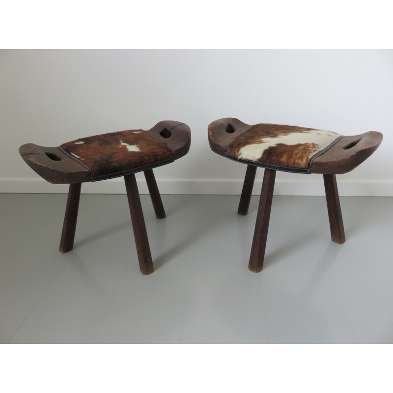 Set of 2 vintage French stools in cowhide