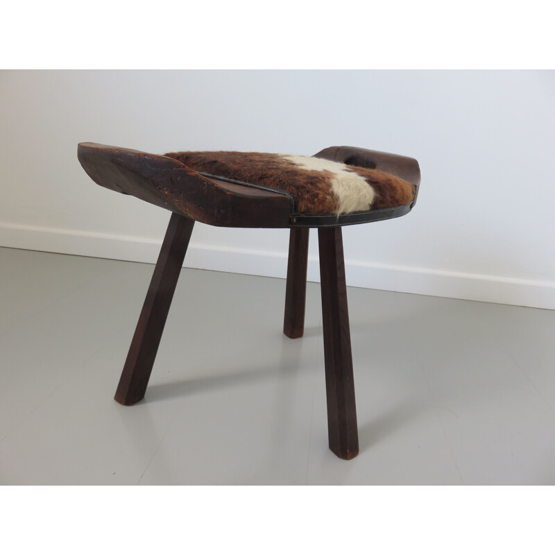 Set of 2 vintage French stools in cowhide