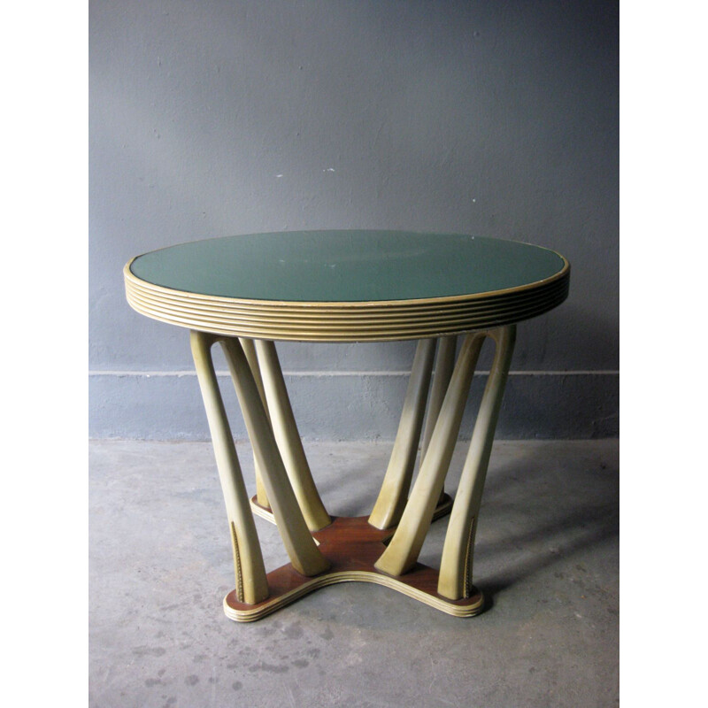 Table basse vintage en bois et plateau en verre