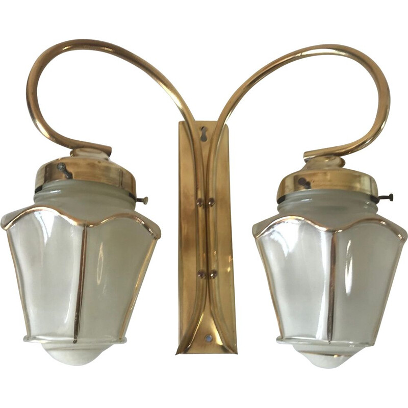 Lampada da parete con 2 lanterne vintage in ottone, Francia 1960