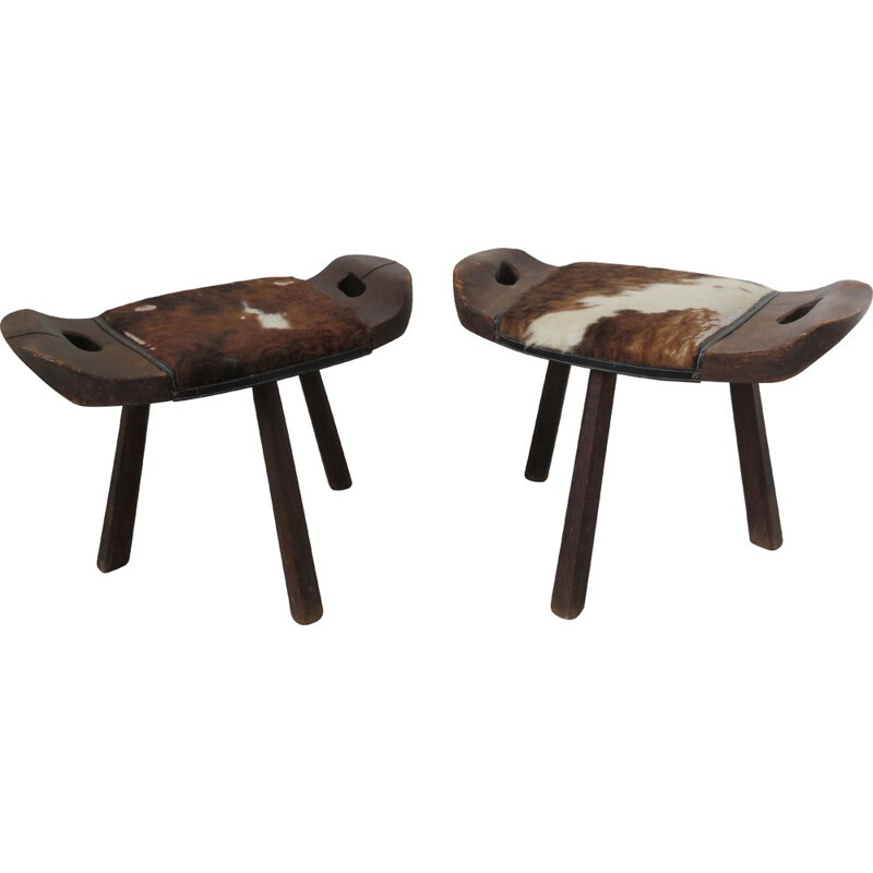 Set of 2 vintage French stools in cowhide