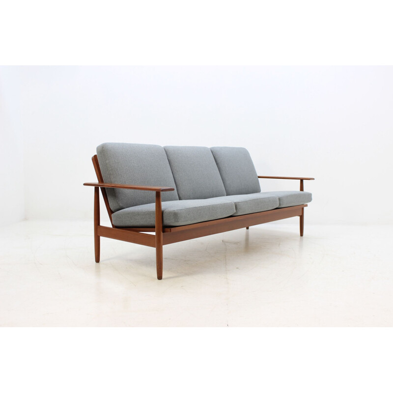 Vintage Danish 3-seater grey sofa in teak