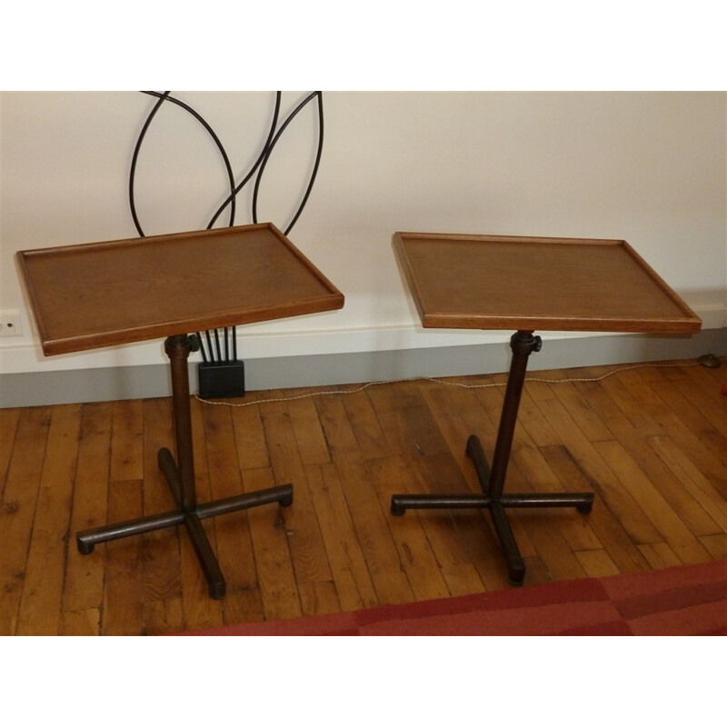 Pair of side tables in oakwood and steel, François CARUELLE - 1950s