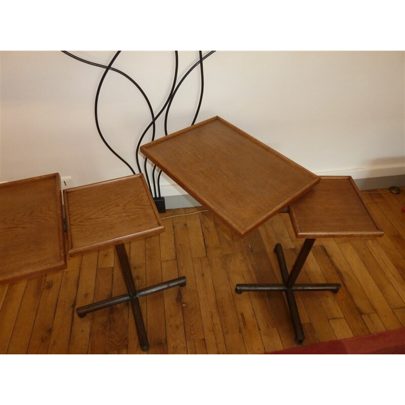 Pair of side tables in oakwood and steel, François CARUELLE - 1950s