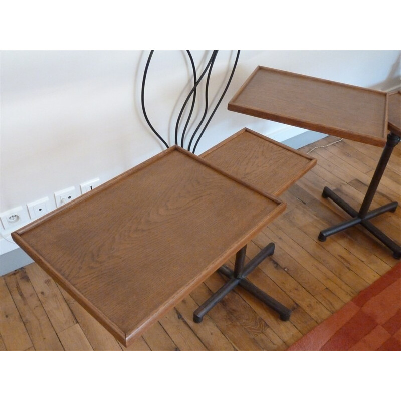 Pair of side tables in oakwood and steel, François CARUELLE - 1950s