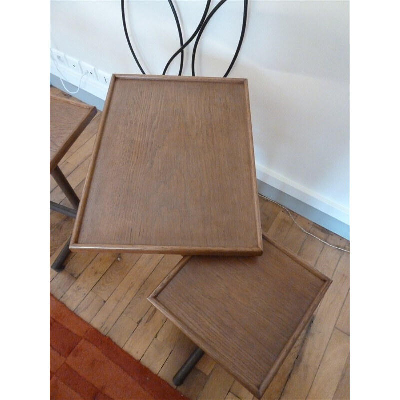 Pair of side tables in oakwood and steel, François CARUELLE - 1950s