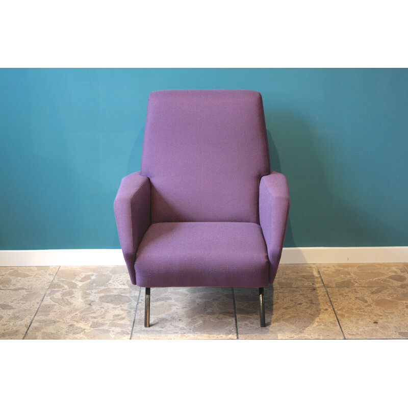 Vintage italian armchair in purple fabric and metal 1950s