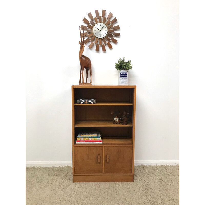 Vintage school-style walnut bookcase with adjustable shelves 1960