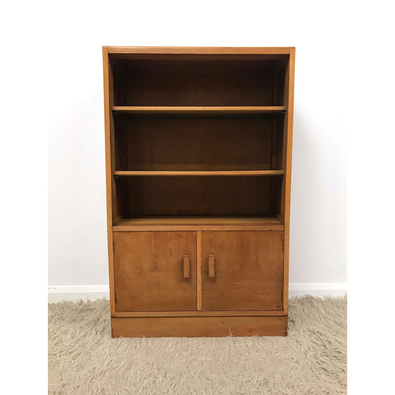 Vintage school-style walnut bookcase with adjustable shelves 1960