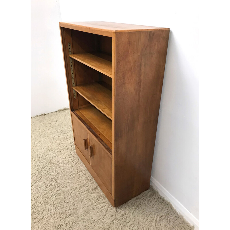 Vintage school-style walnut bookcase with adjustable shelves 1960