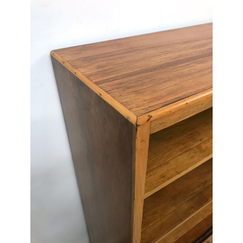 Vintage school-style walnut bookcase with adjustable shelves 1960