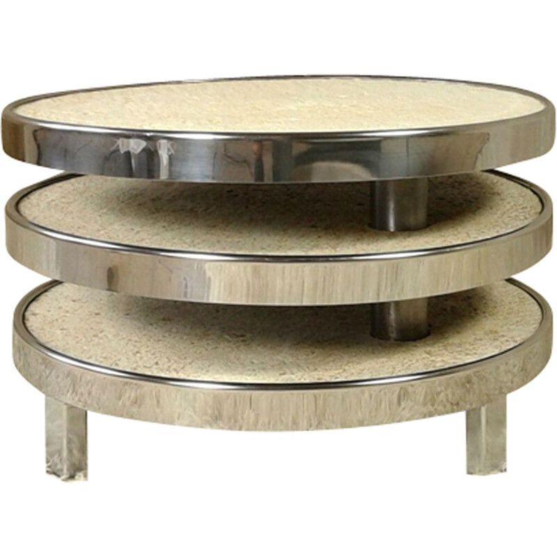 Table basse vintage à 3 plateaux en métal chromé et résine