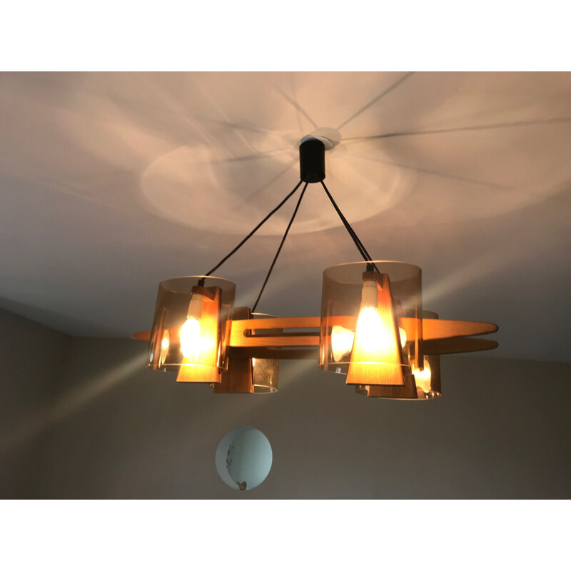 Vintage Scandinavian chandelier in blond wood