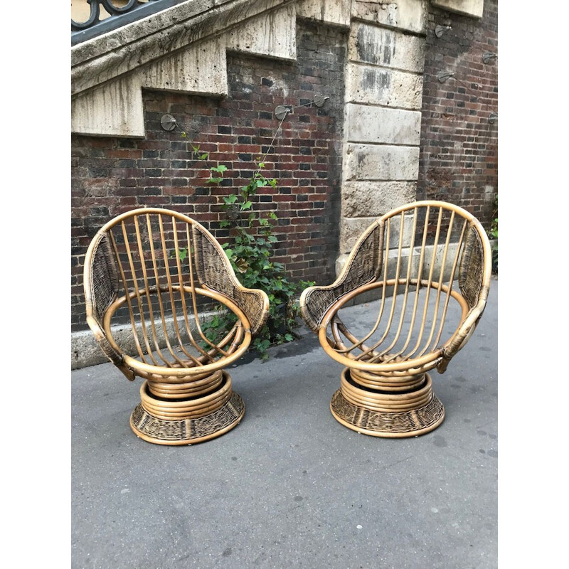 Set of 2 vintage swivel armchairs in rattan and bamboo