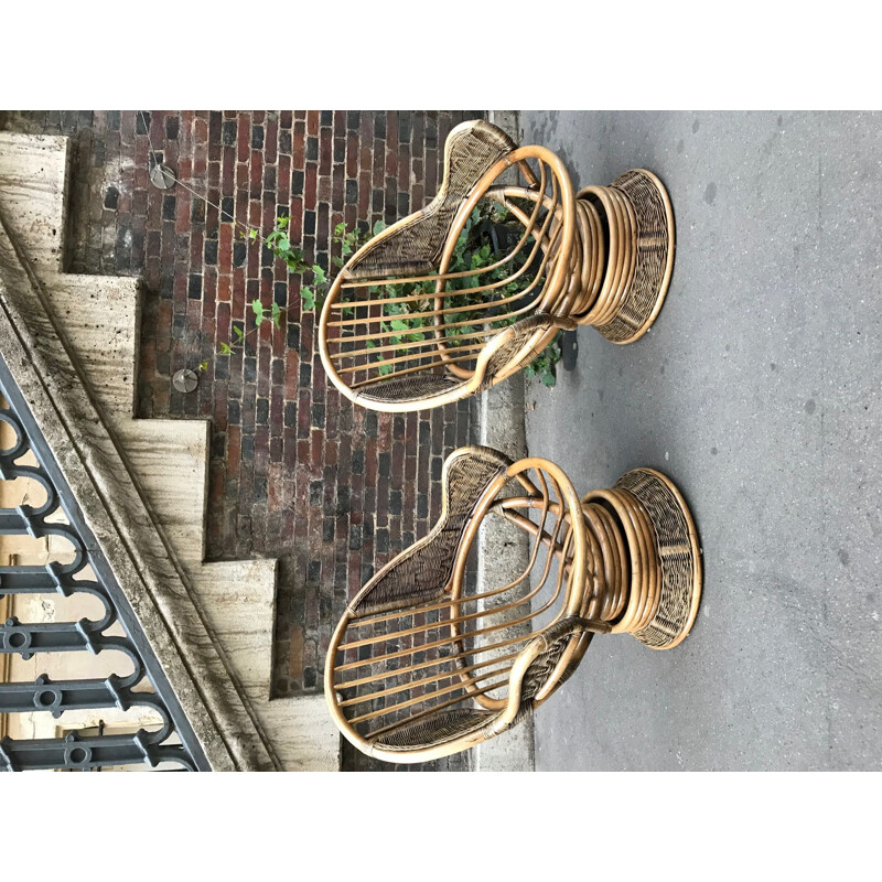 Set of 2 vintage swivel armchairs in rattan and bamboo