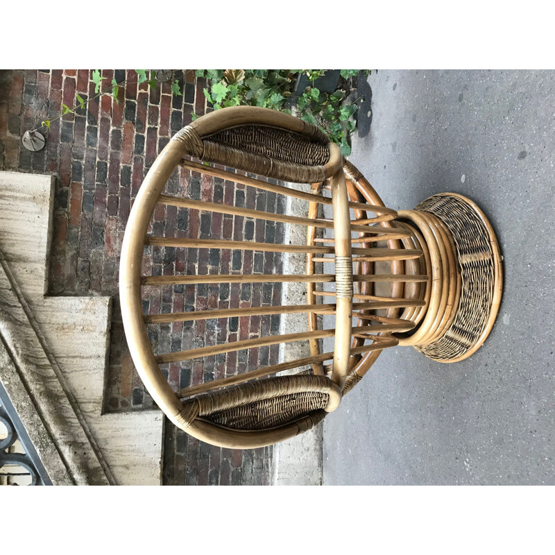 Set of 2 vintage swivel armchairs in rattan and bamboo