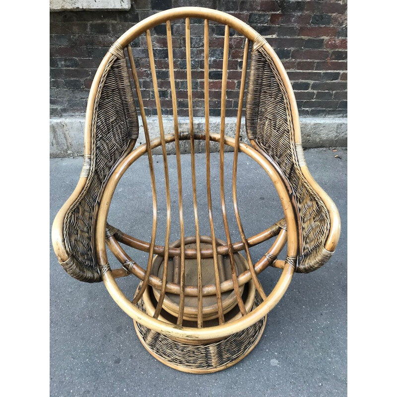 Set of 2 vintage swivel armchairs in rattan and bamboo