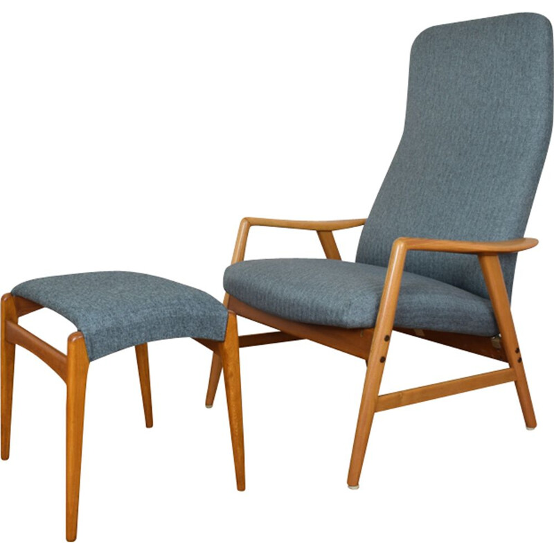 Vintage blue lounge chair and ottoman Kontur by Alf Svensson for Fritz Hansen